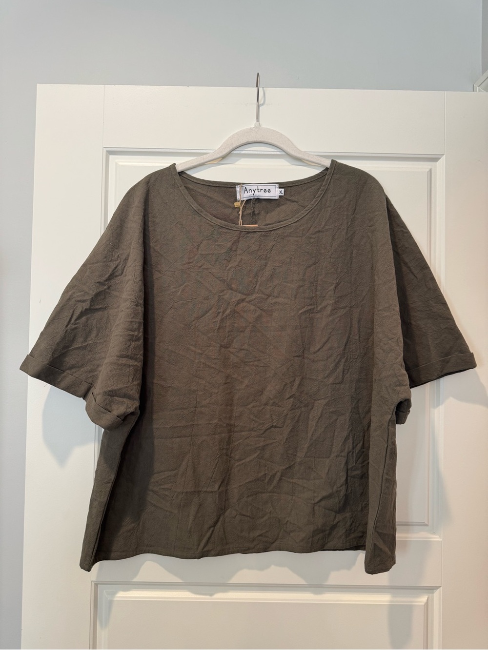 NWT XL ANYTREE Olive Green Cotton/Linen Boxy Tee